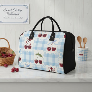 Weekender Bag, Personalized Cherry Blue Gingham Travel Case, Large Nylon Tote, Carry On Luggage