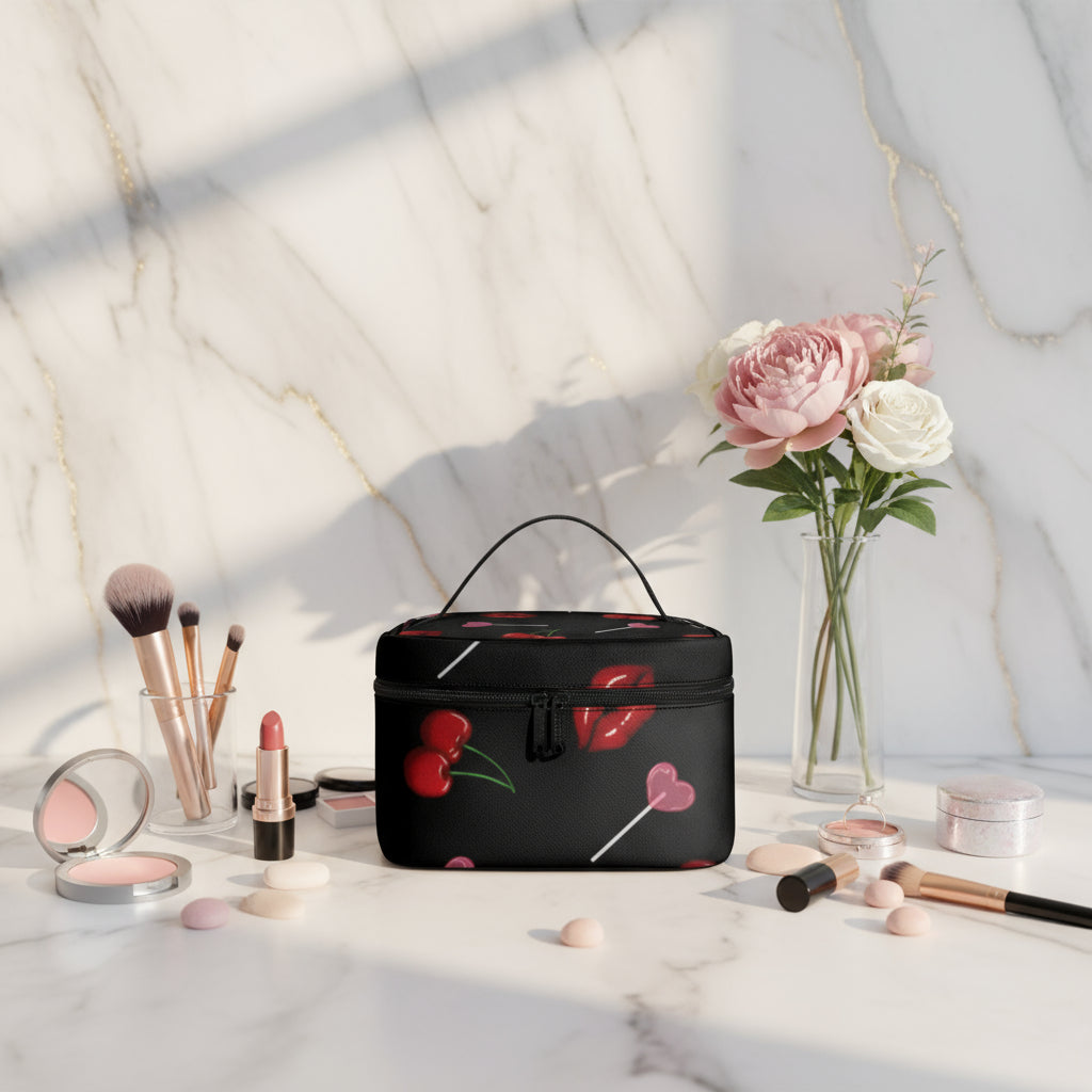 Custom Makeup Bag, Cherry Lips Travel Make up Personalized, PU Leather Festive Cosmetic Case