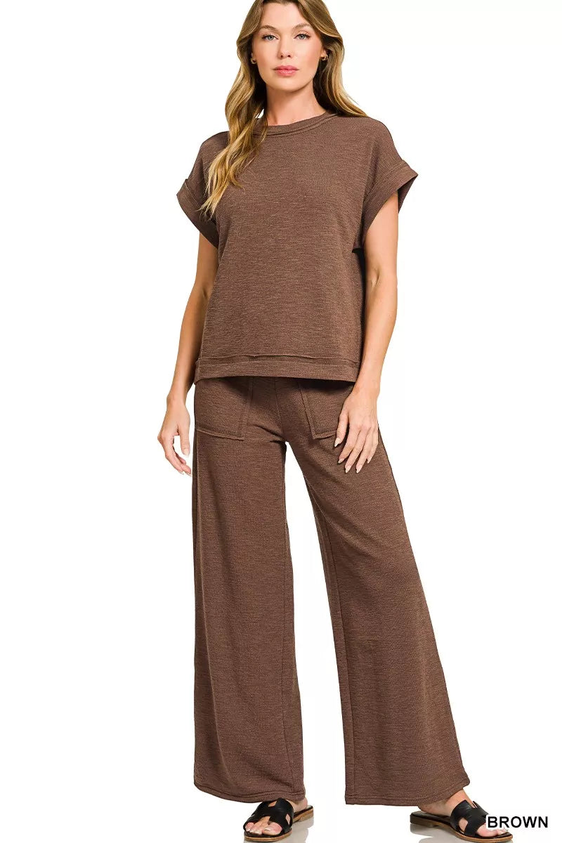 Brown cotton slub tee and pants set, crew neck short sleeves, wide-leg pants