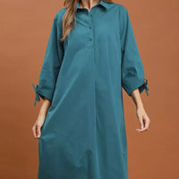 Teal collared button-front midi dress with tab sleeves and relaxed fit