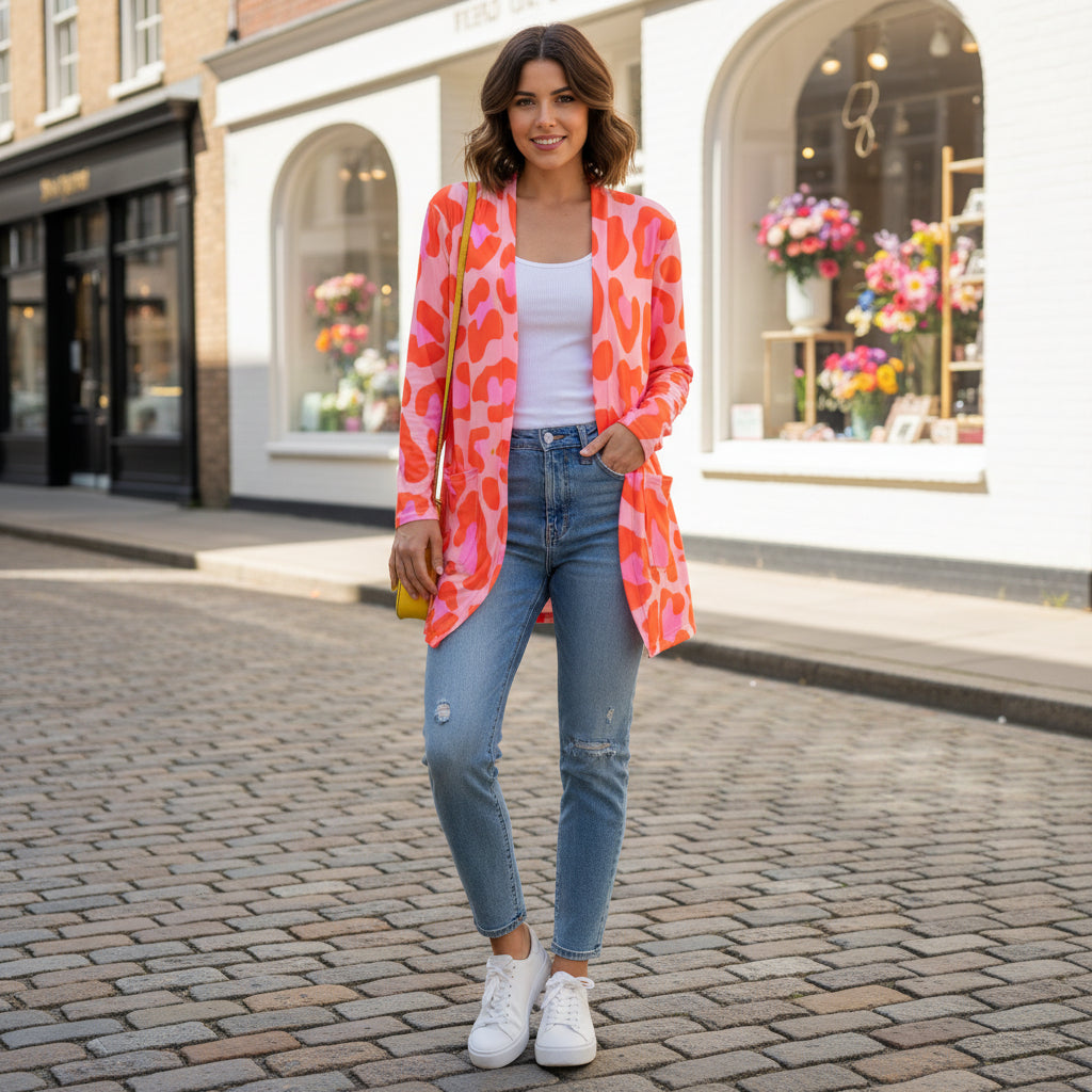 Cardigan Leopard Print | Pink & Orange Ladies Open Front Sweater