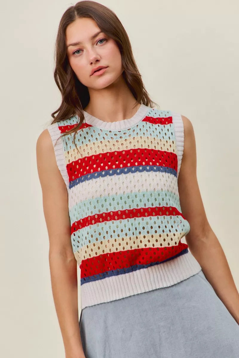 Women’s sweater knit tank top with crew neck and multi-color horizontal stripes