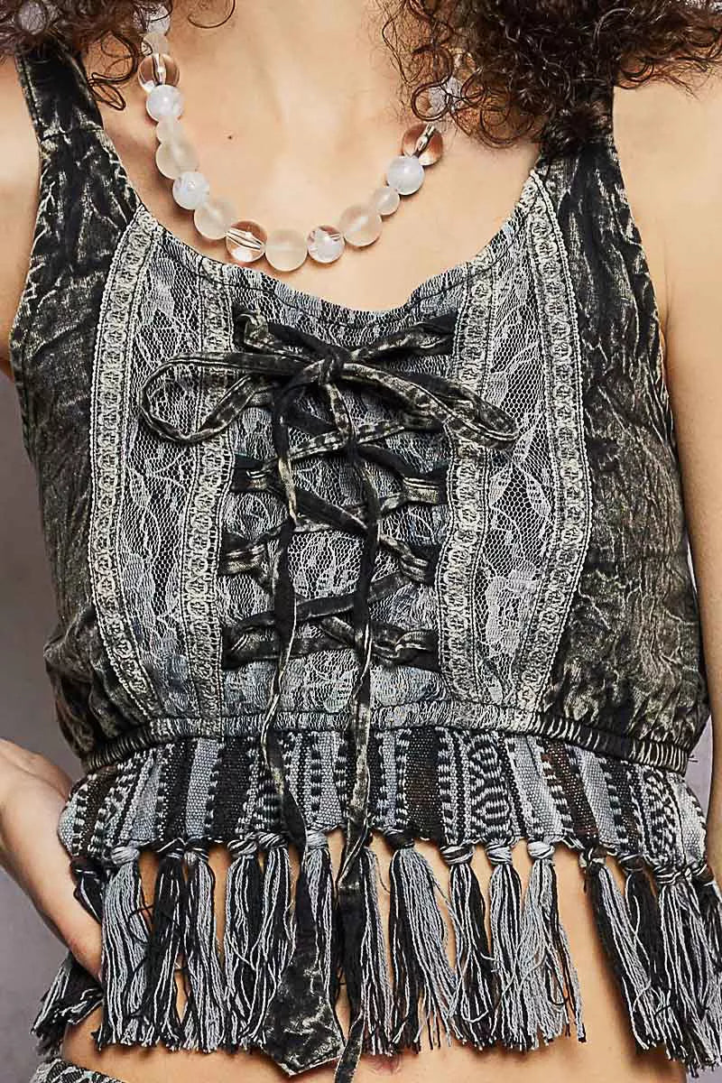 Charcoal lace-up tank bodice with bow lacing, lace panels, and fringe hem