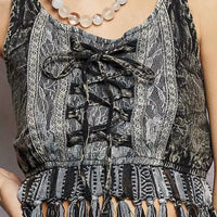 Charcoal lace-up tank bodice with bow lacing, lace panels, and fringe hem