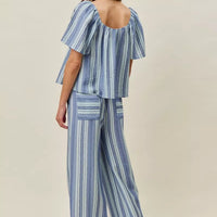 Blue striped wide-leg pull-on pants with elastic waist