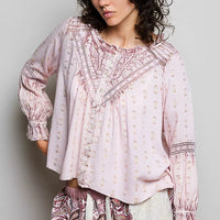 Rose pink lace-detail peasant blouse with embroidered pattern and tiered ruffle hem