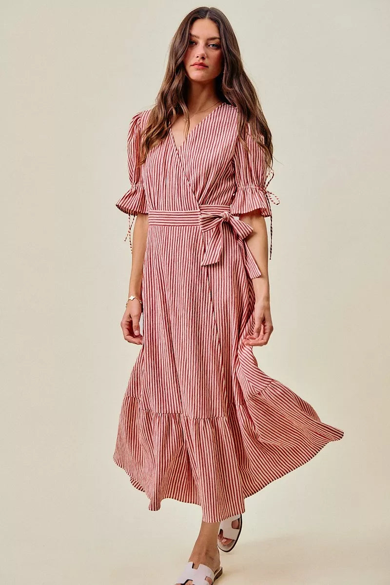 Red striped wrap midi dress with short sleeves, bow tie waist, ruffled hem
