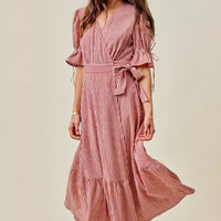 Red striped wrap midi dress with short sleeves, bow tie waist, ruffled hem
