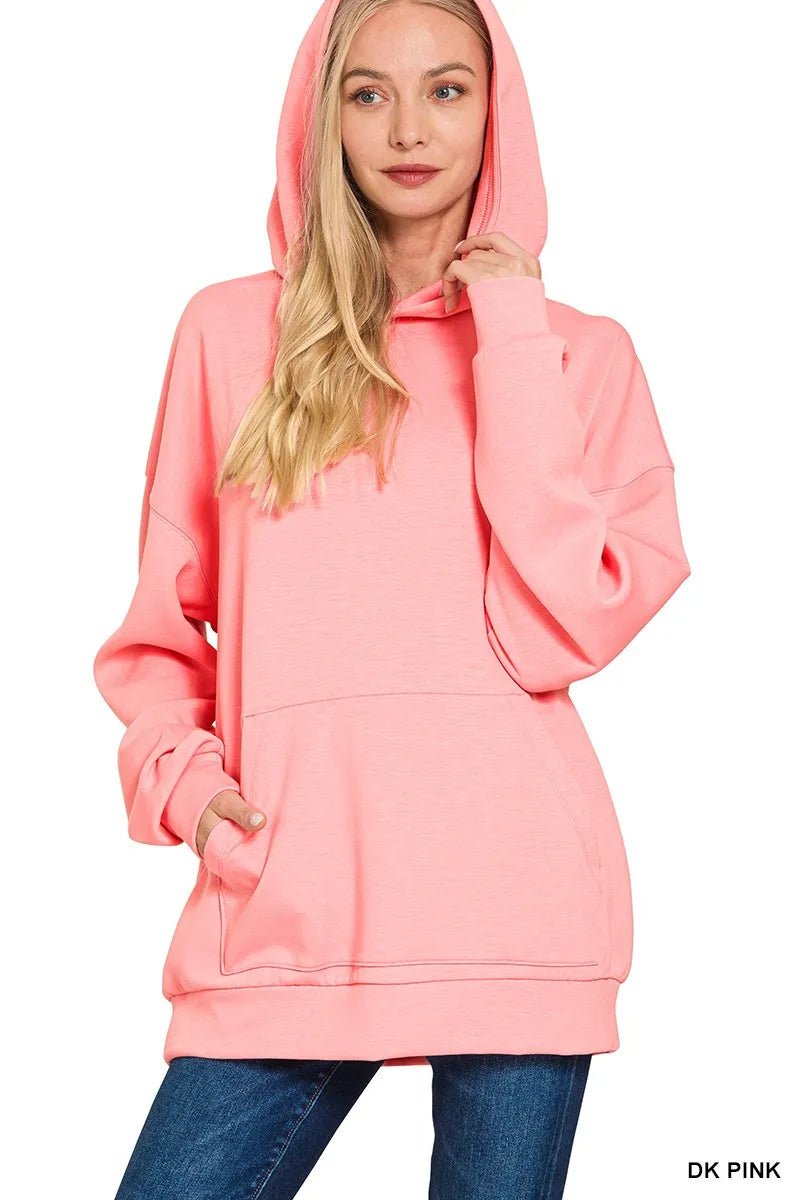 Oversized scuba hoodie in DK pink, front hood and kangaroo pocket