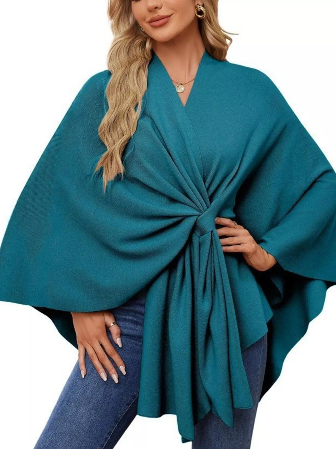 Women’s teal shawl cape with front tie knot and draped V-neck