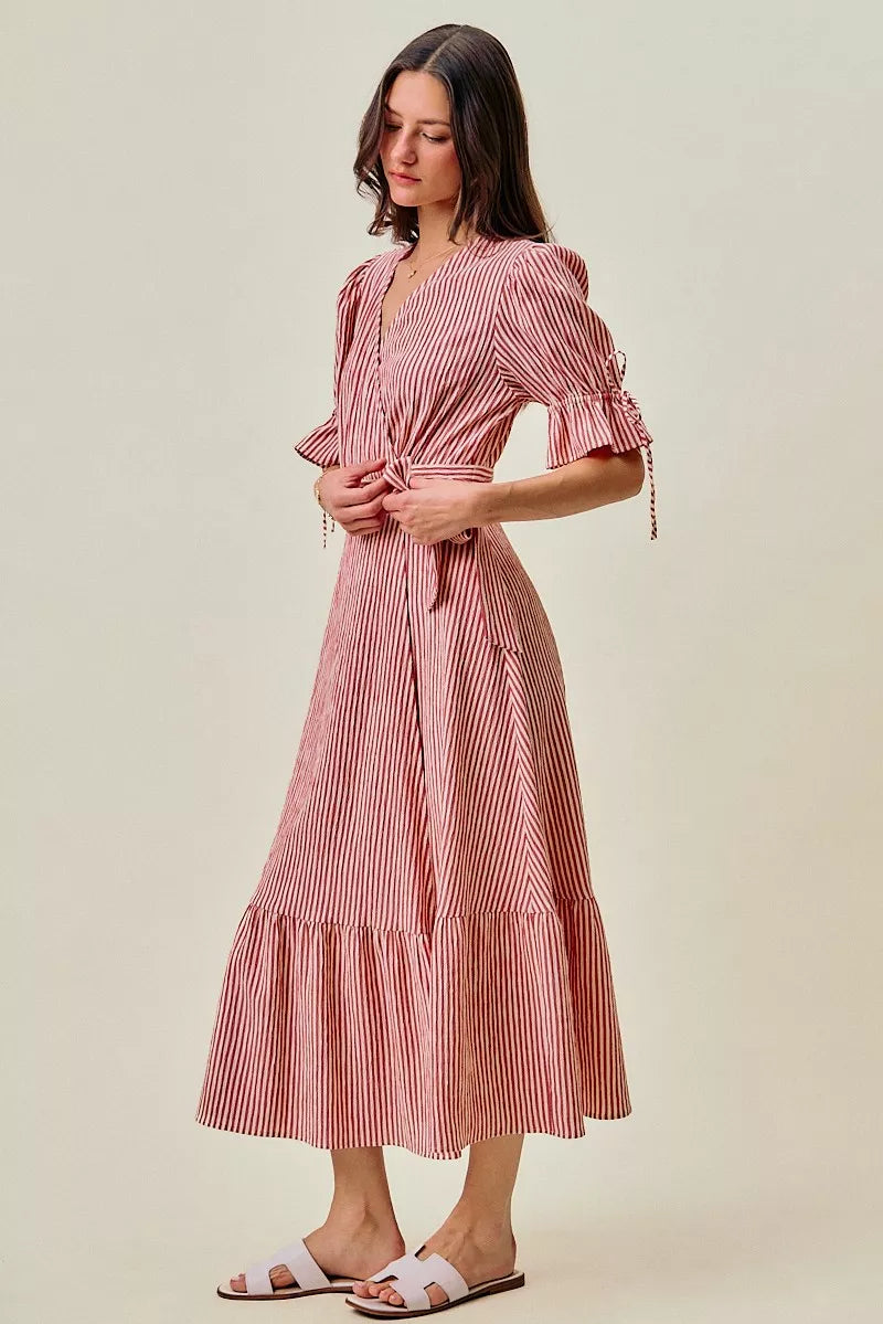 Red striped wrap midi dress with short puff sleeves and gathered tiered hem