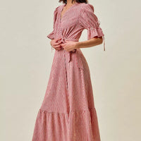 Red striped wrap midi dress with short puff sleeves and gathered tiered hem