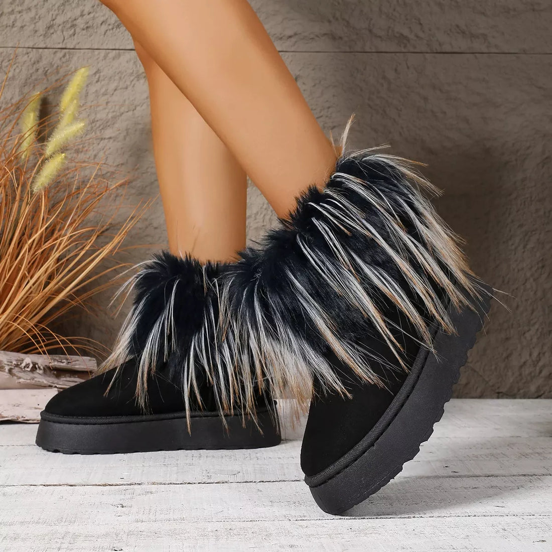 Black fuzzy-trim platform ankle boots with plush cuff detail and chunky sole