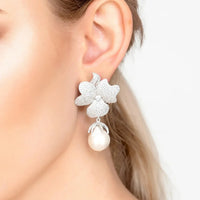 Baroque Pearl White Flower Clip On Drop Earrings Silver-3