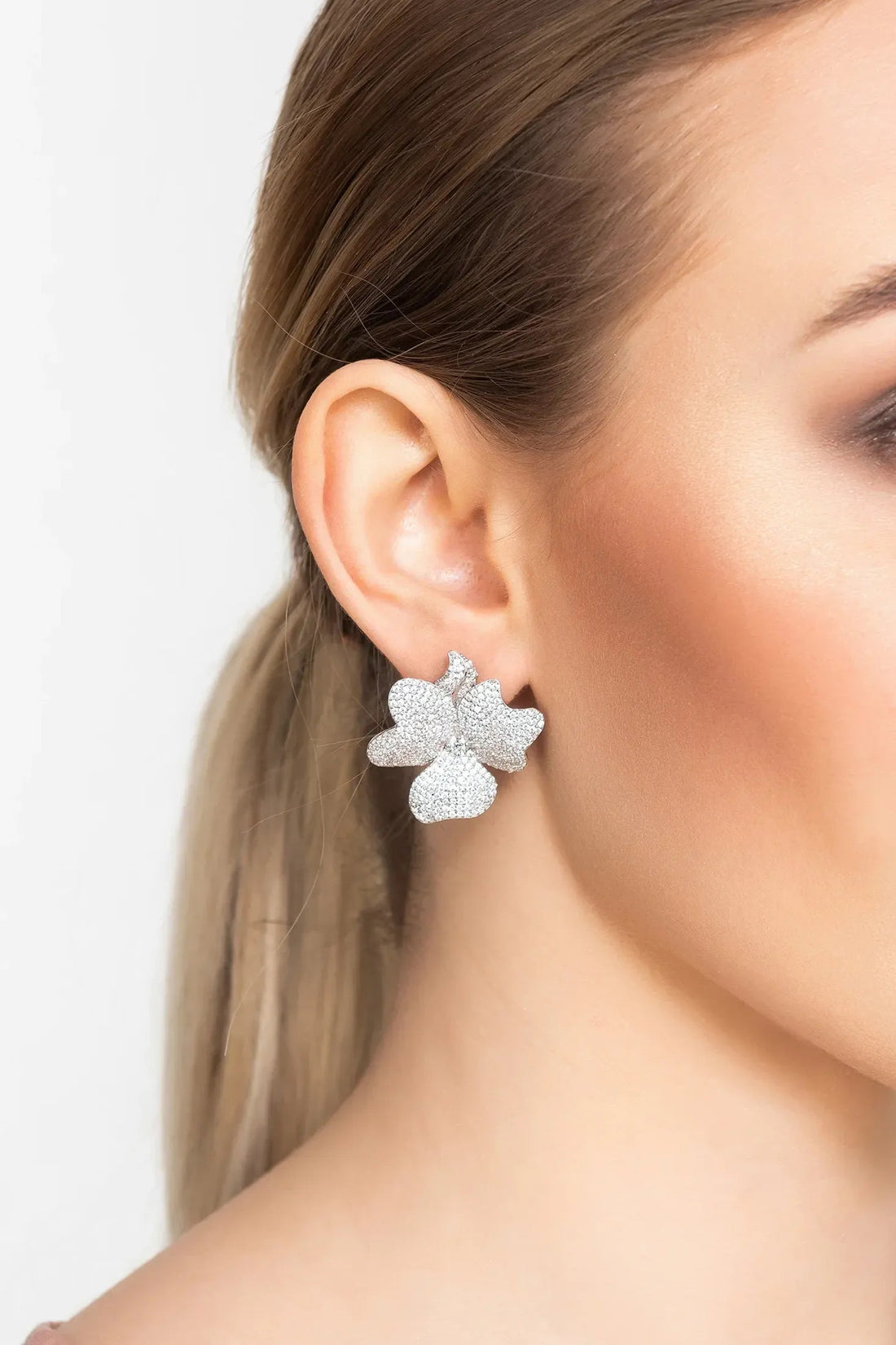 Flower Large Stud Clip On Earrings Silver-3
