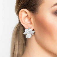 Flower Large Stud Clip On Earrings Silver-3