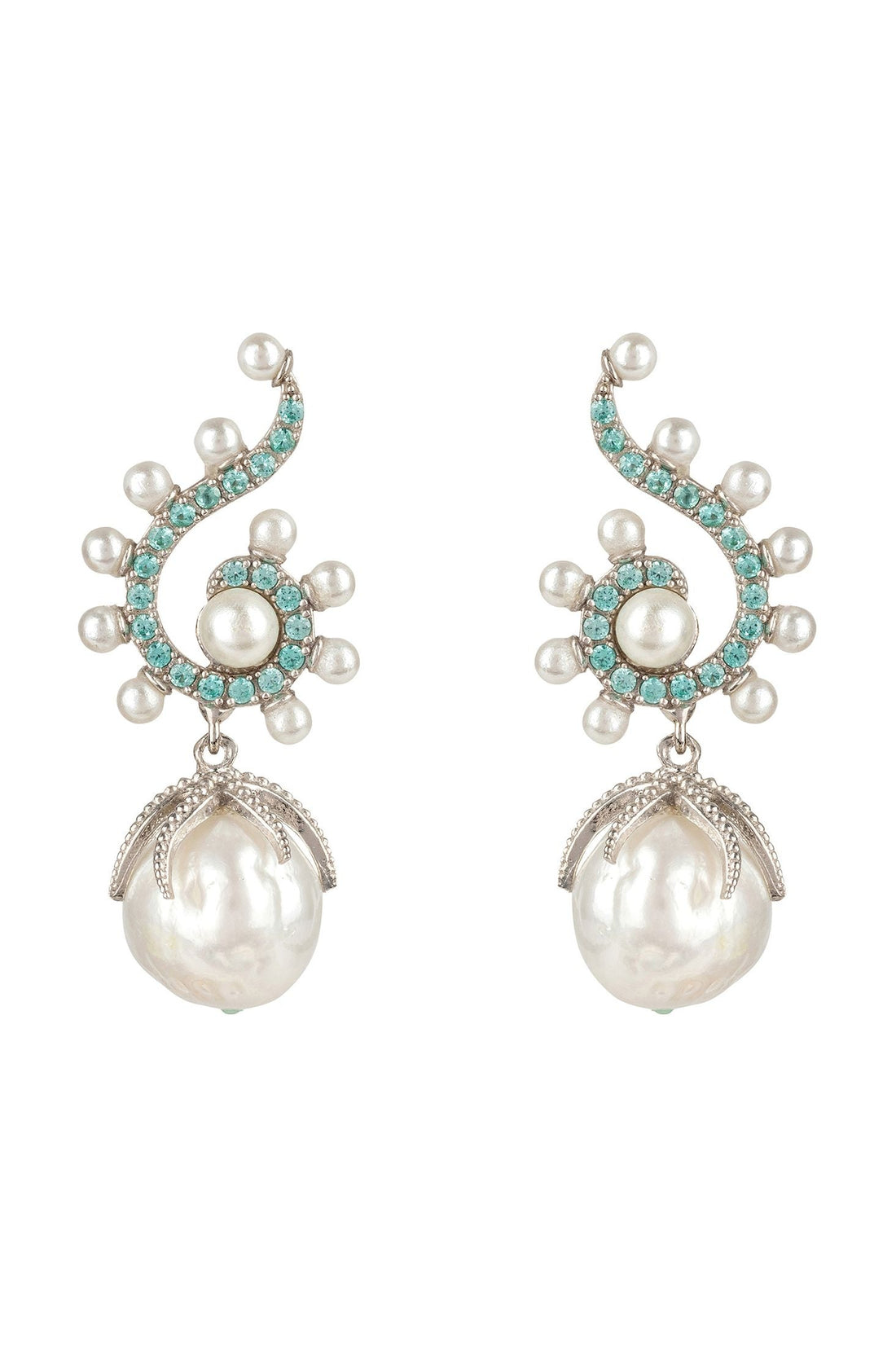Baroque Pearl Poseidon Gemstone Drop Earrings Aqua Silver-1