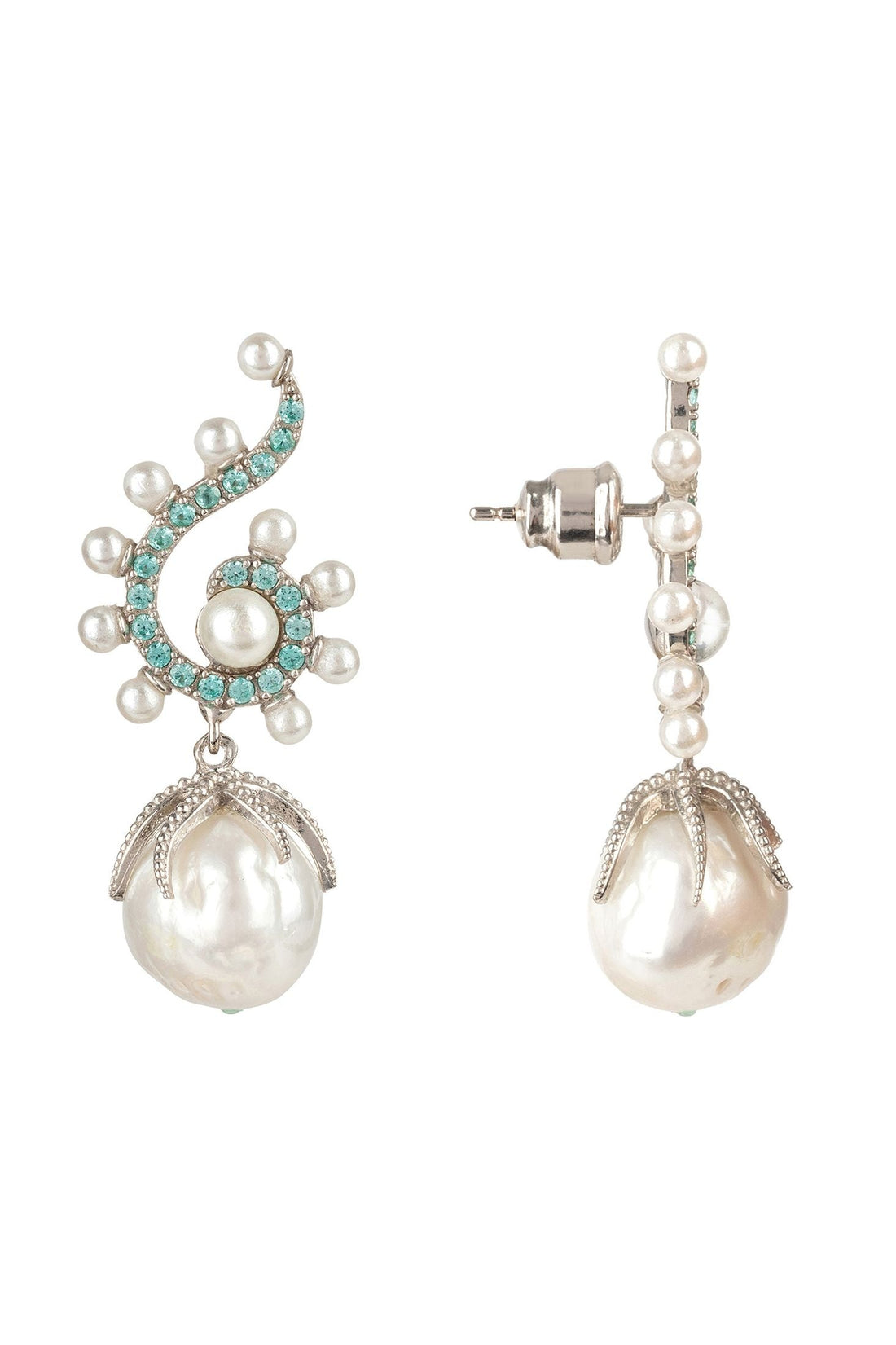 Baroque Pearl Poseidon Gemstone Drop Earrings Aqua Silver-2