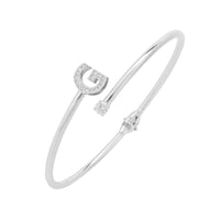 Silver initial G bangle with round pave charm and small stone detail