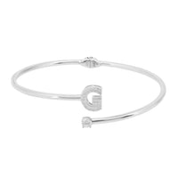 Silver initial G bangle with pave charm and tiny round gemstone accents