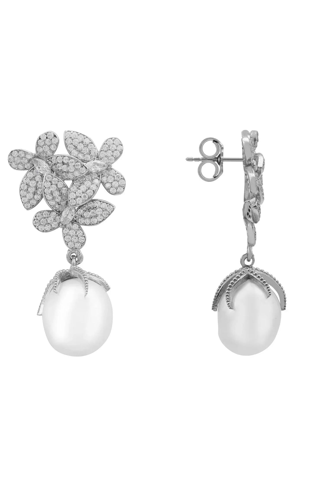 Flowers Pearl Earrings Silver White-2