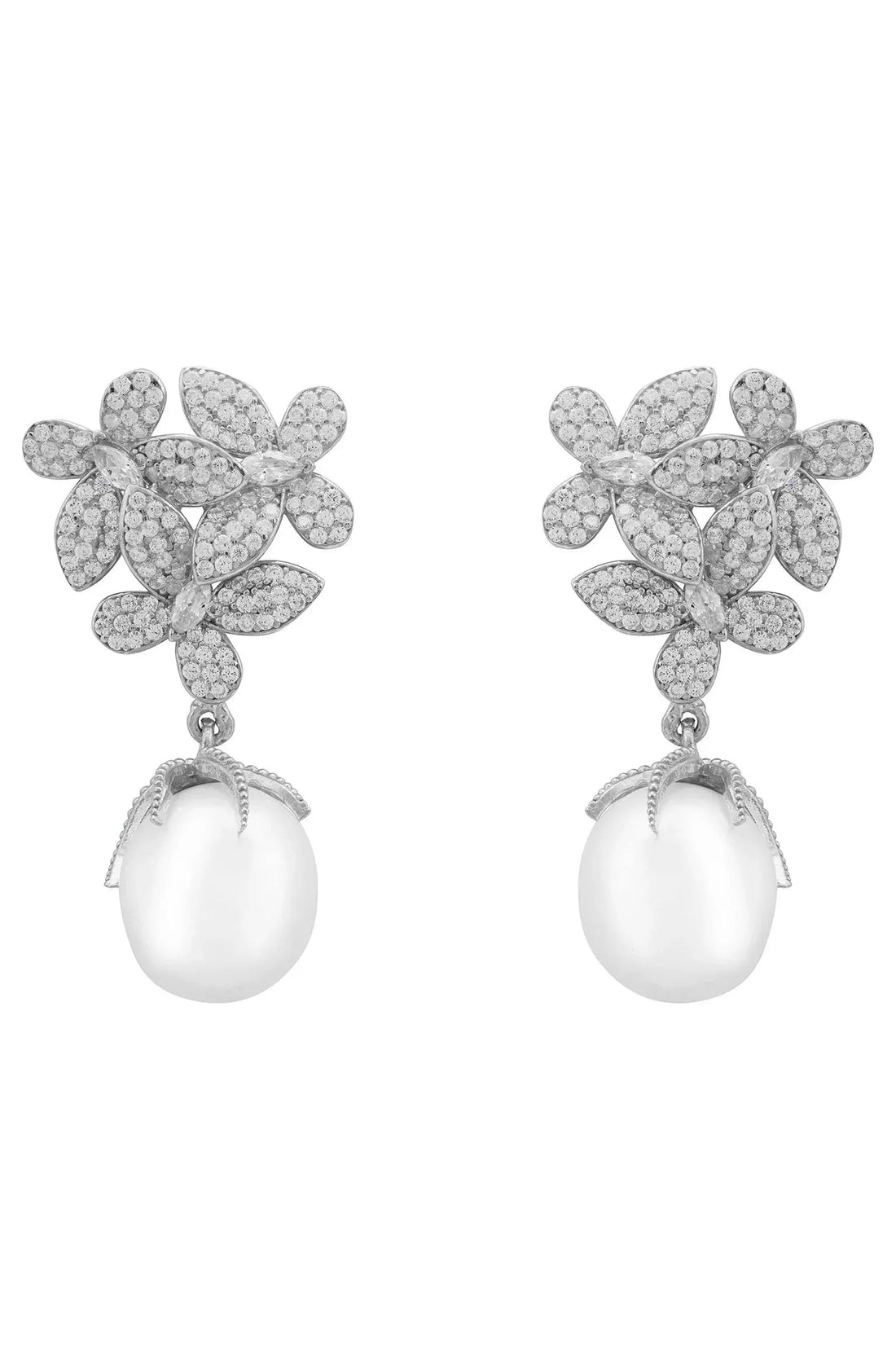 Flowers Pearl Earrings Silver White-0