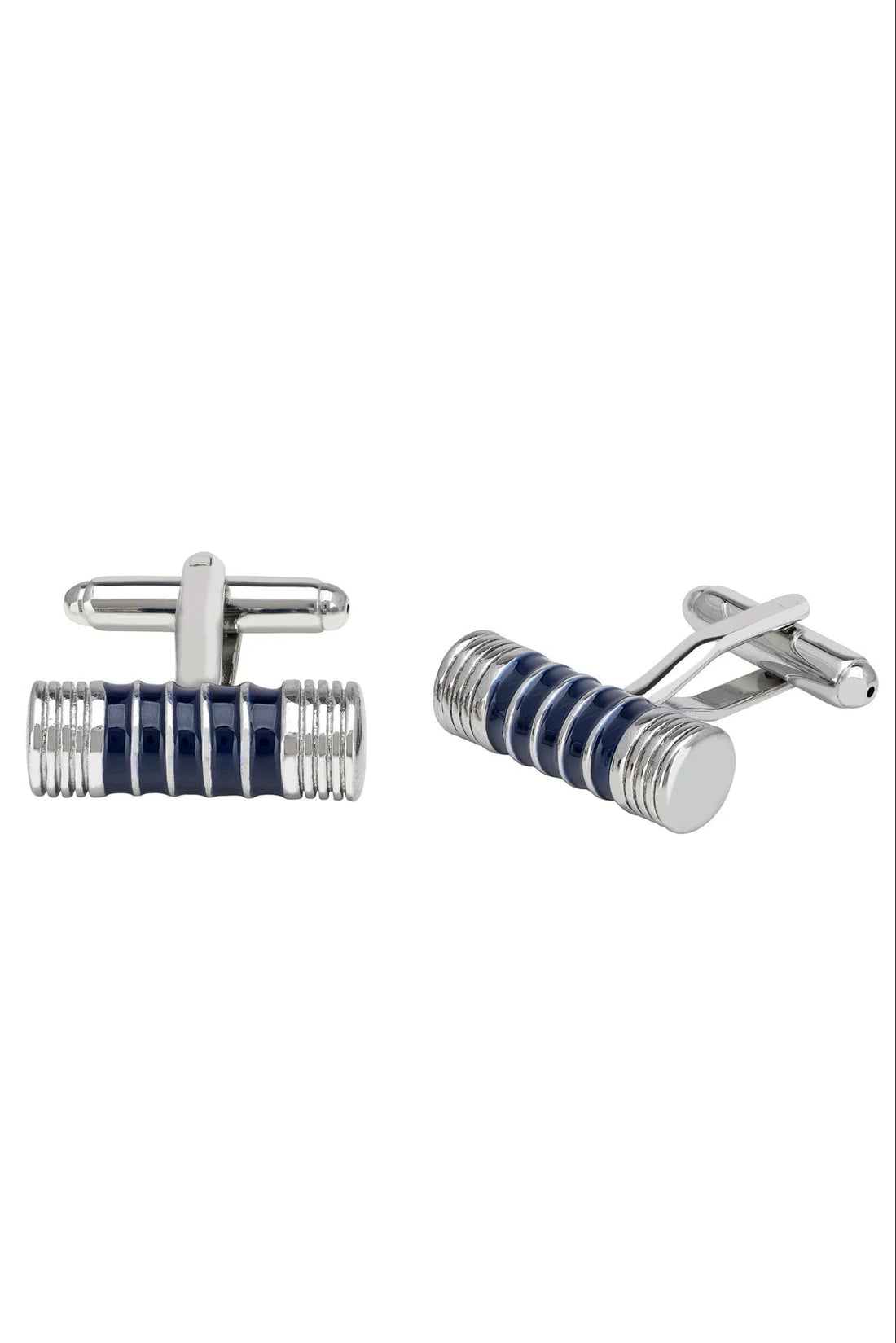 Cylindrical silver cufflinks with blue and black enamel ribbed design