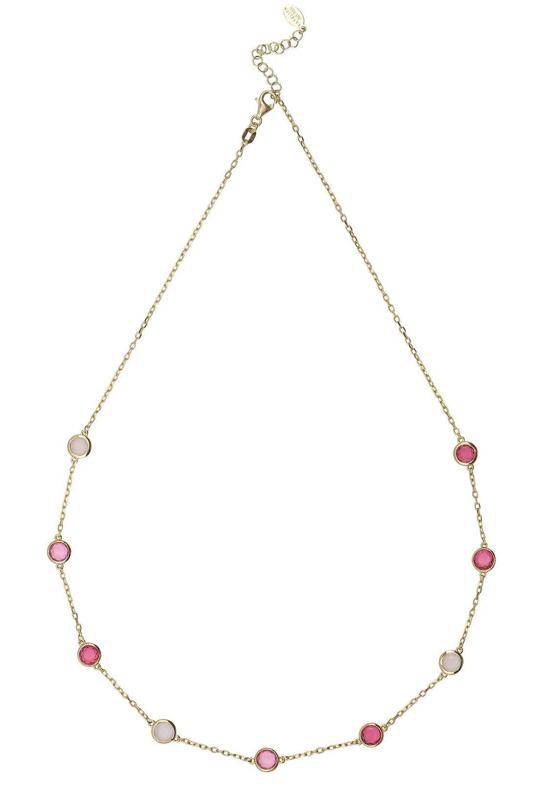 Gold charm necklace with alternating pink oval beads and light blue discs