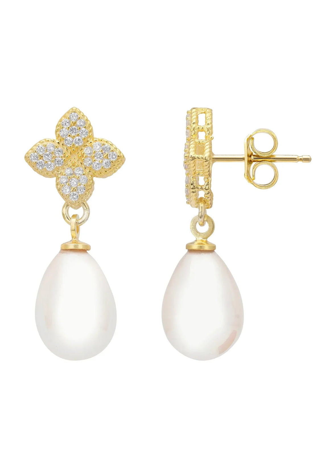 Gold clover CZ drop earrings with white teardrop pearl, showing post and backing