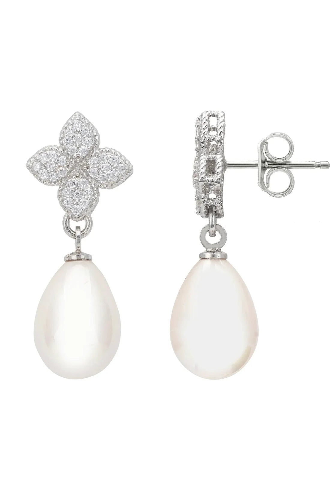 Silver-tone cz clover pearl drop earrings with visible post and clasp