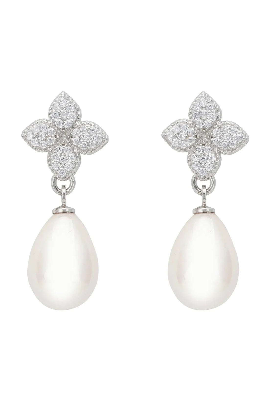 Clover flower cz pearl drop earrings, silver-tone, teardrop pearl dangle