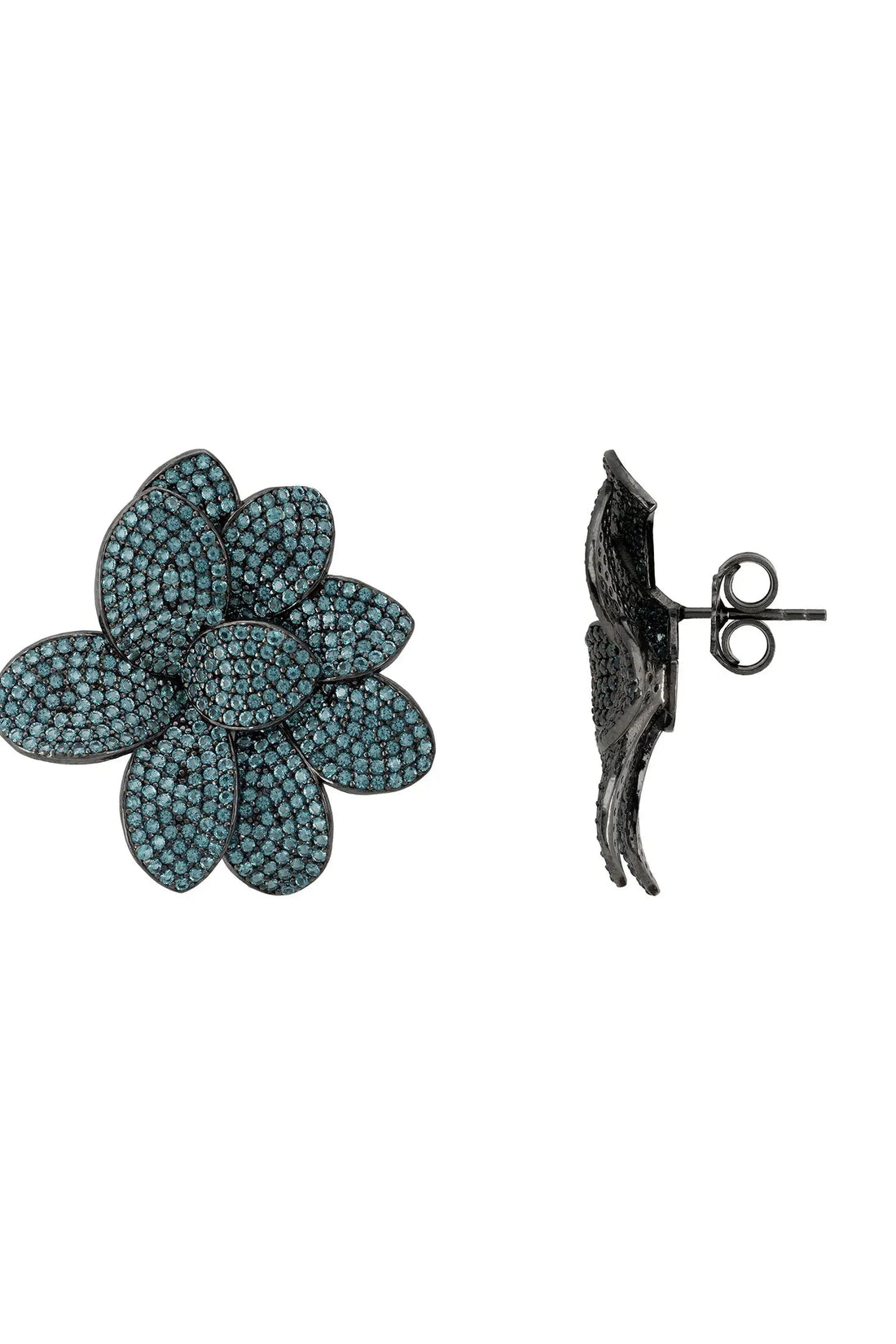 Large aqua flower stud earrings with textured petals; back view shows silver-tone posts