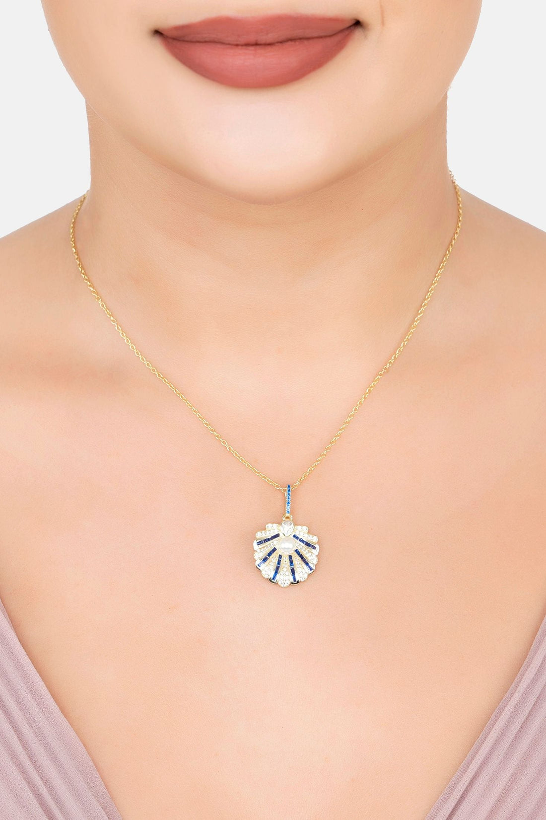 Art Deco Scallop Shell Pendant Necklace Sapphire Blue With Pearl Gold-1