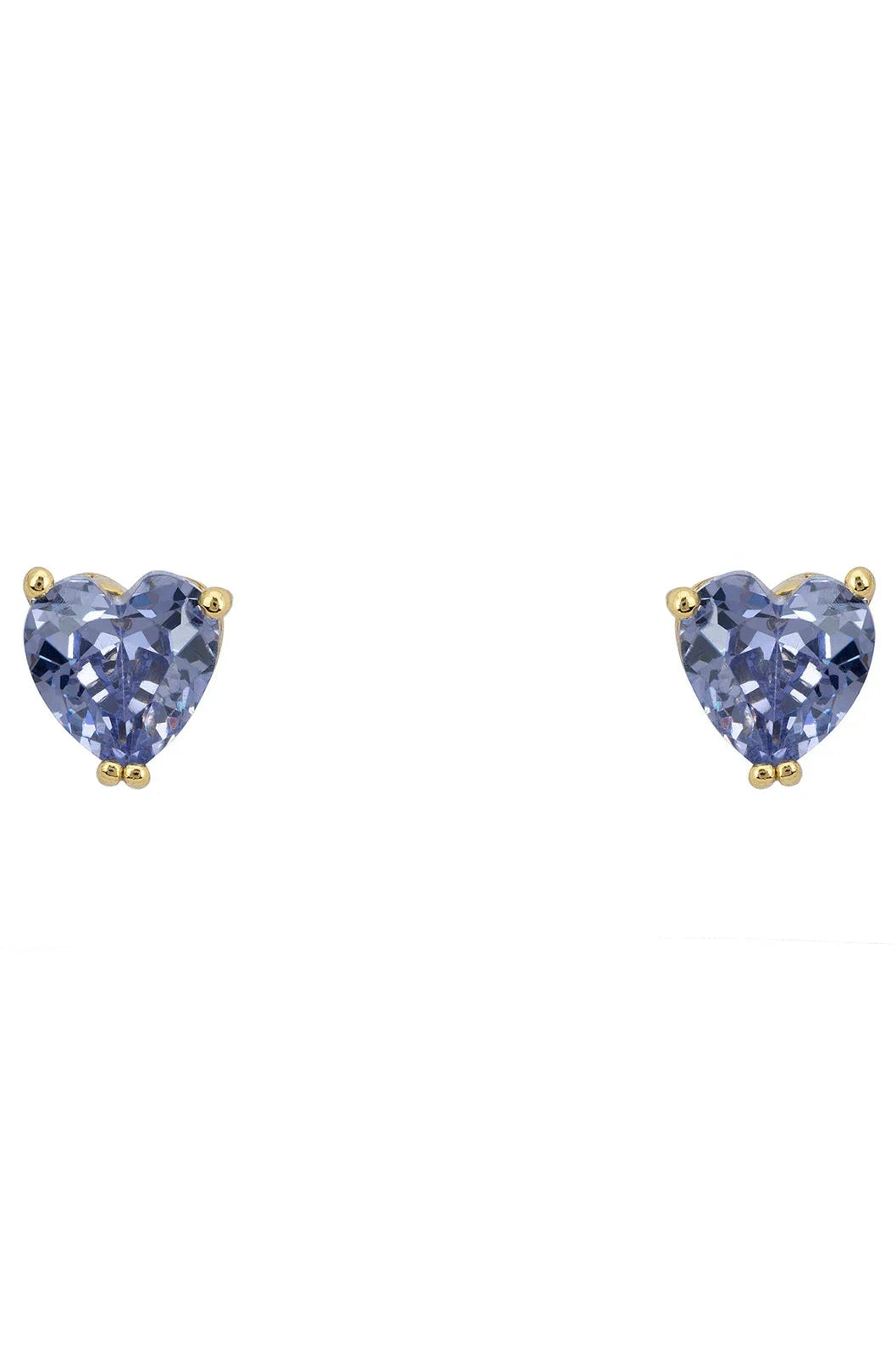 Pair of gold heart stud earrings with blue heart-cut gemstones