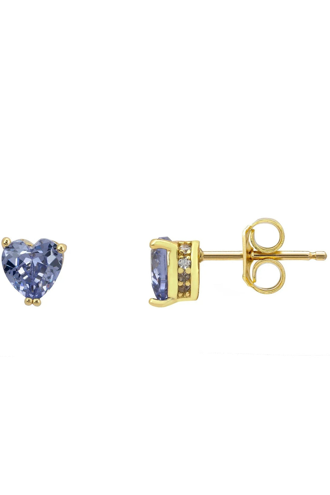 Gold heart stud earring with blue gemstone and butterfly back