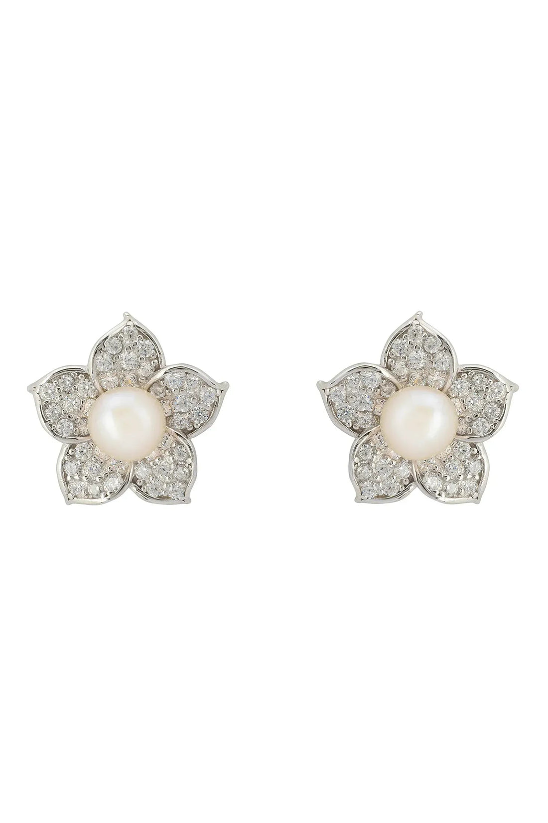Silver-tone forget-me-not pearl stud earrings with crystal flower petals