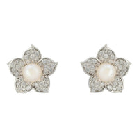 Silver-tone forget-me-not pearl stud earrings with crystal flower petals