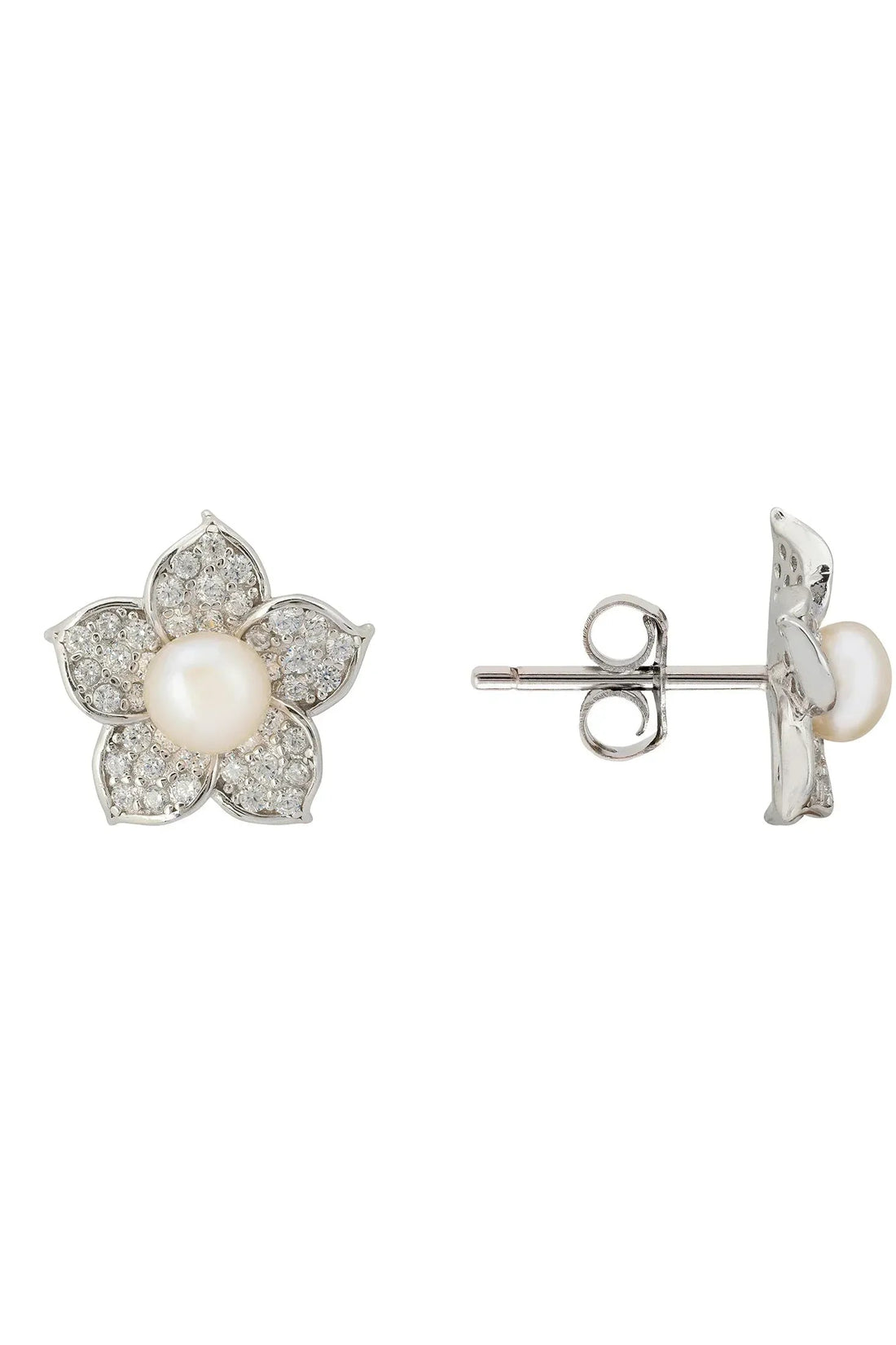 Silver-tone back view of pearl stud earrings with butterfly clasp