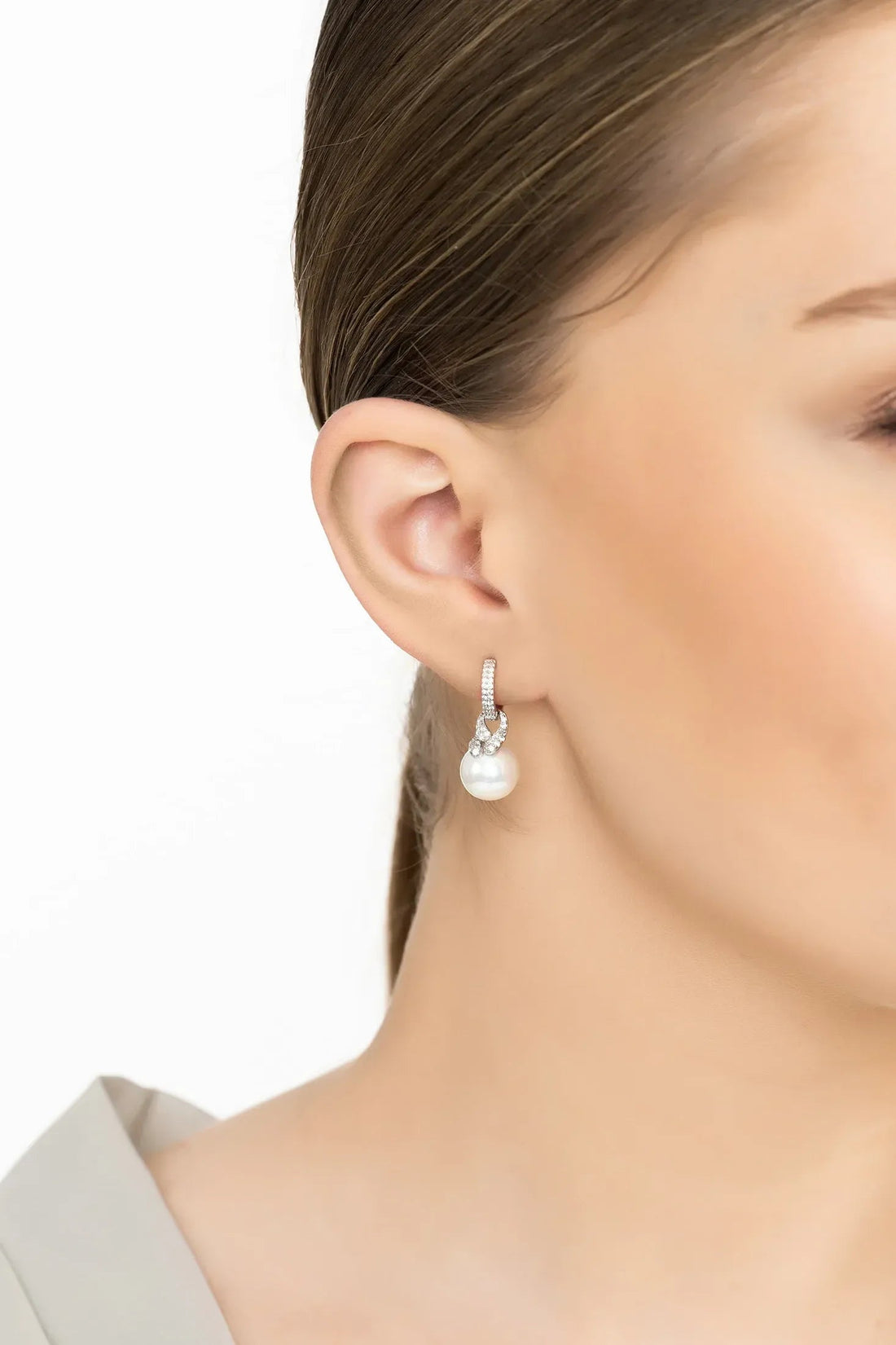 Silver-tone drop pearl earrings with hoop and dangling pearl