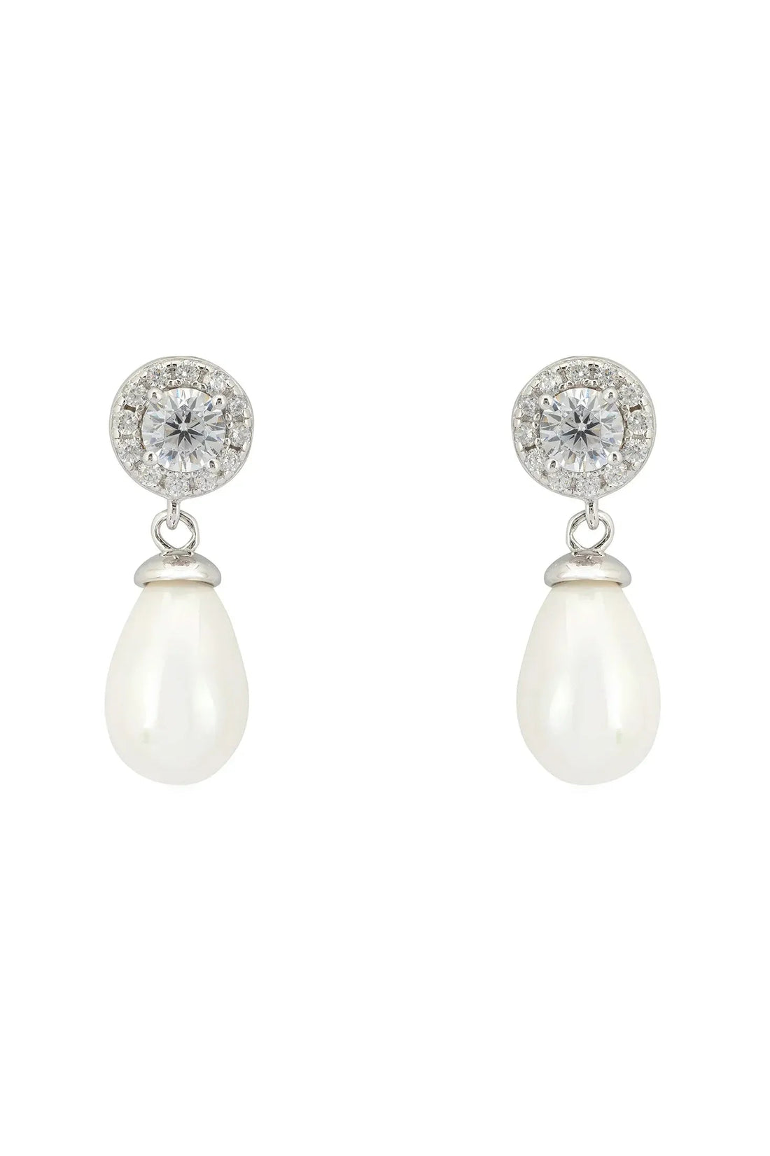 Silver teardrop pearl earrings with round crystal stud tops