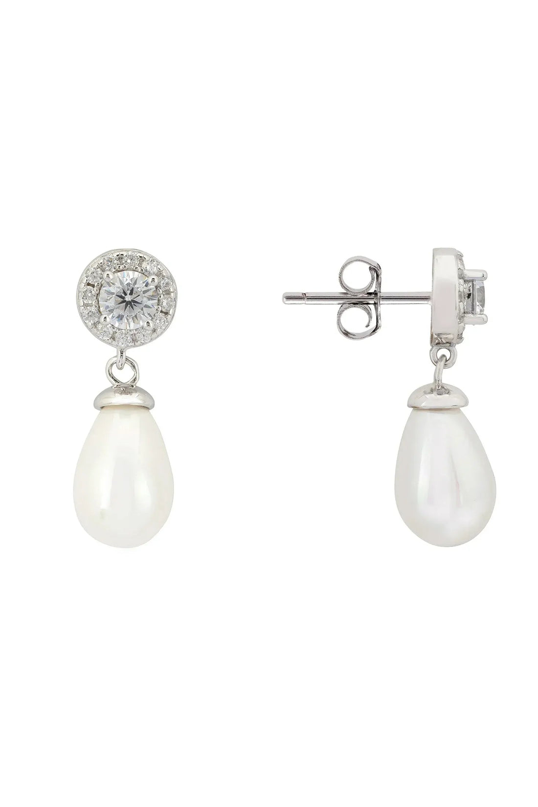 Silver teardrop pearl drop earrings with stud front and back post