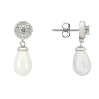 Silver teardrop pearl drop earrings with stud front and back post