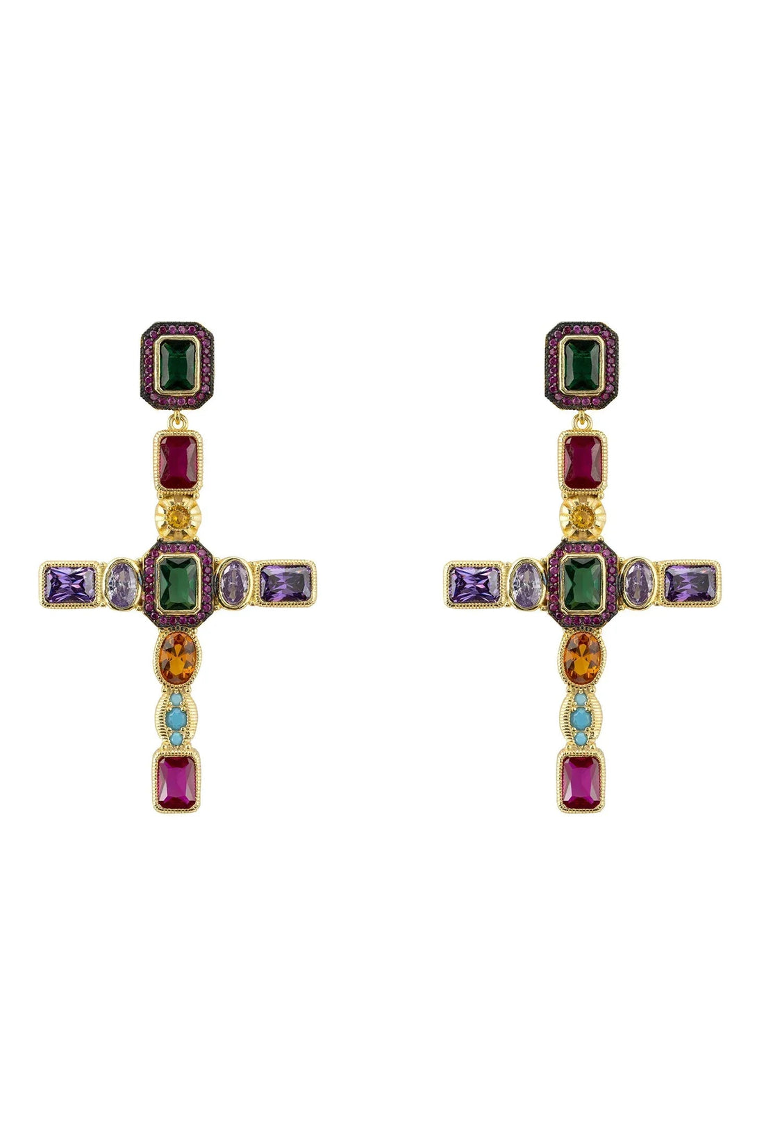 Gold cross gemstone fashion earrings with multicolor square, oval, and purple stones