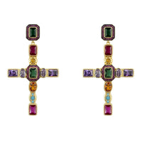 Gold cross gemstone fashion earrings with multicolor square, oval, and purple stones