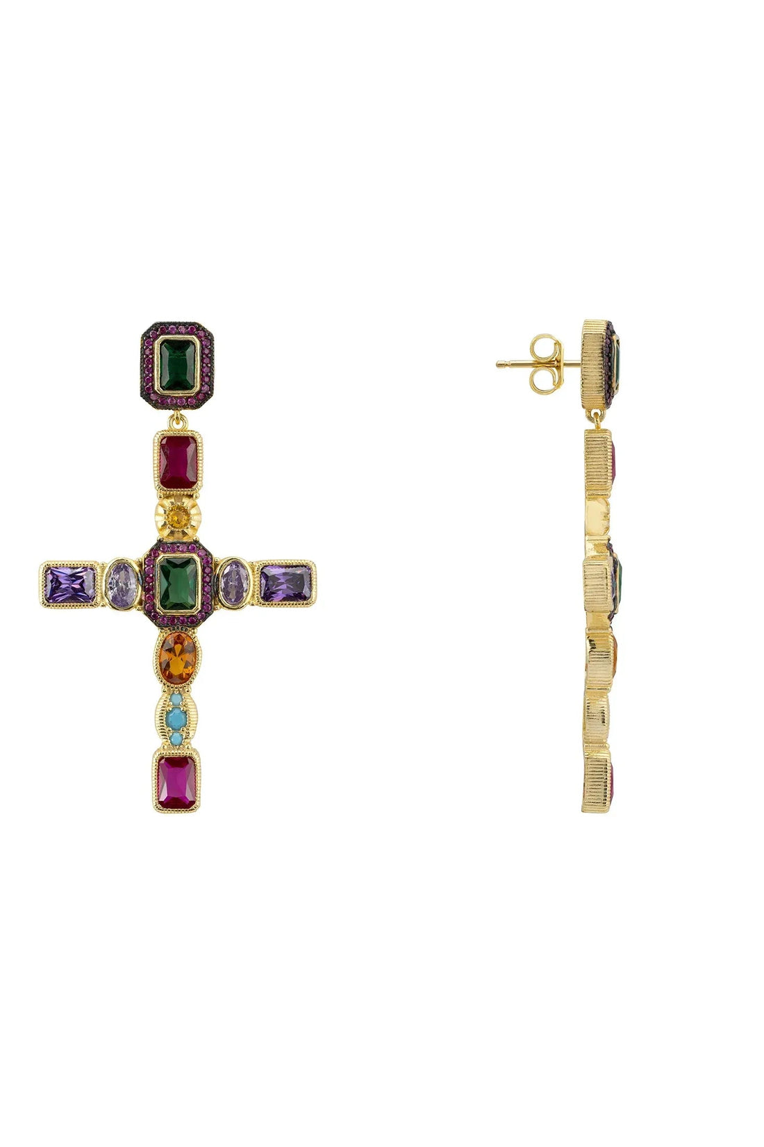 Gold cross gemstone earrings, side view with stud backing