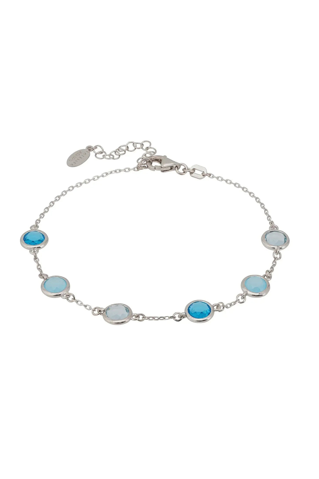 Silver bracelet with five oval blue stones and a toggle clasp