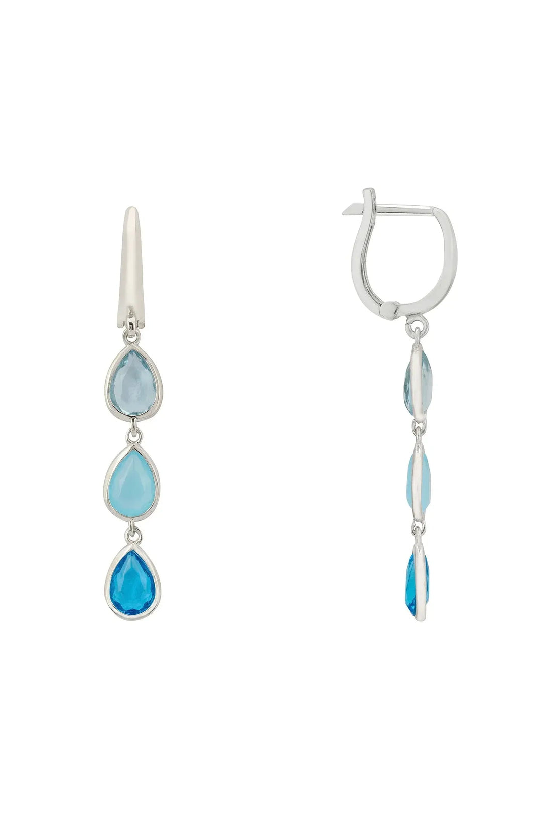 Silver triple teardrop earrings with three blue stone drops and hoop closure