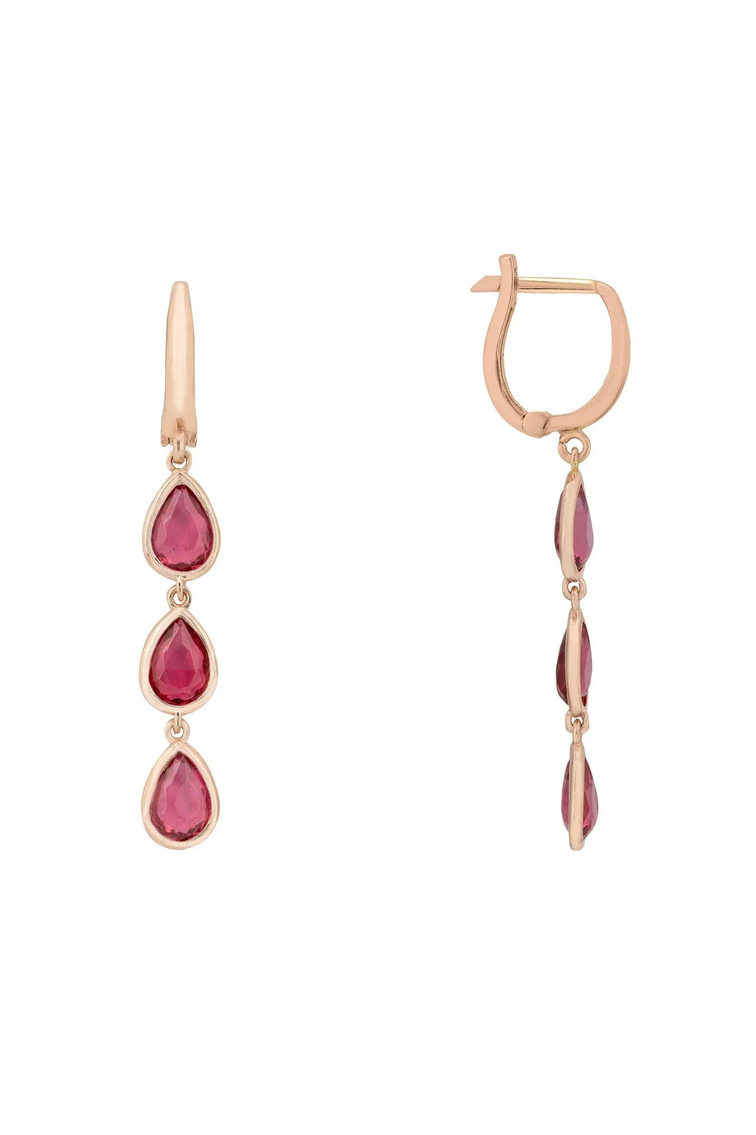 Rose gold hoop earrings with three pink teardrop drop stones