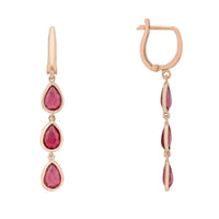Rose gold hoop earrings with three pink teardrop drop stones