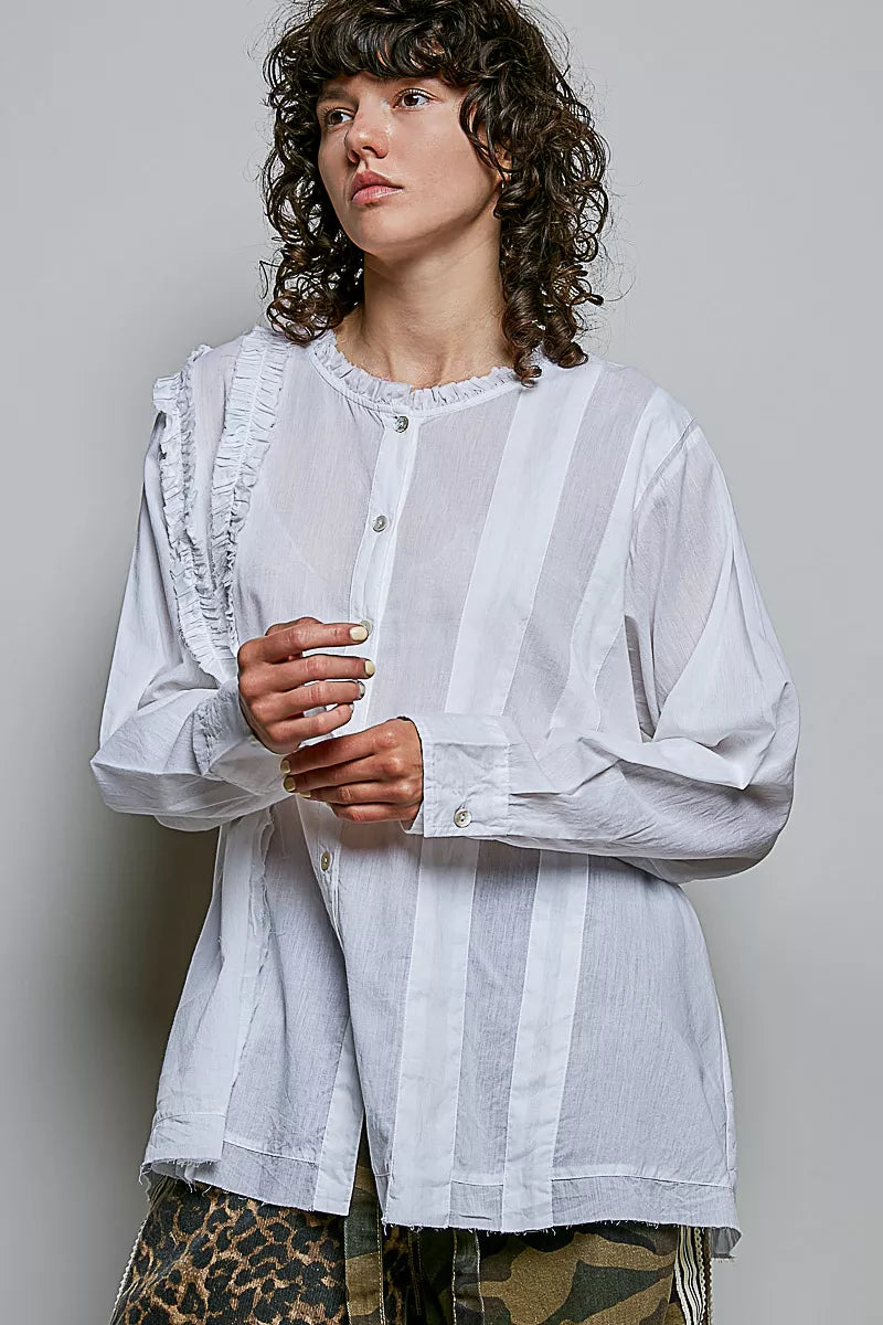 Ivory lightweight woven shirt with ruffle trim round neck and button front, full view